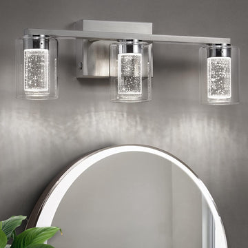Bathroom Light Fixtures, 3 Light Brushed Nickel Bathroom Vanity Light over Mirror, 3 Color LED lights with Crystal