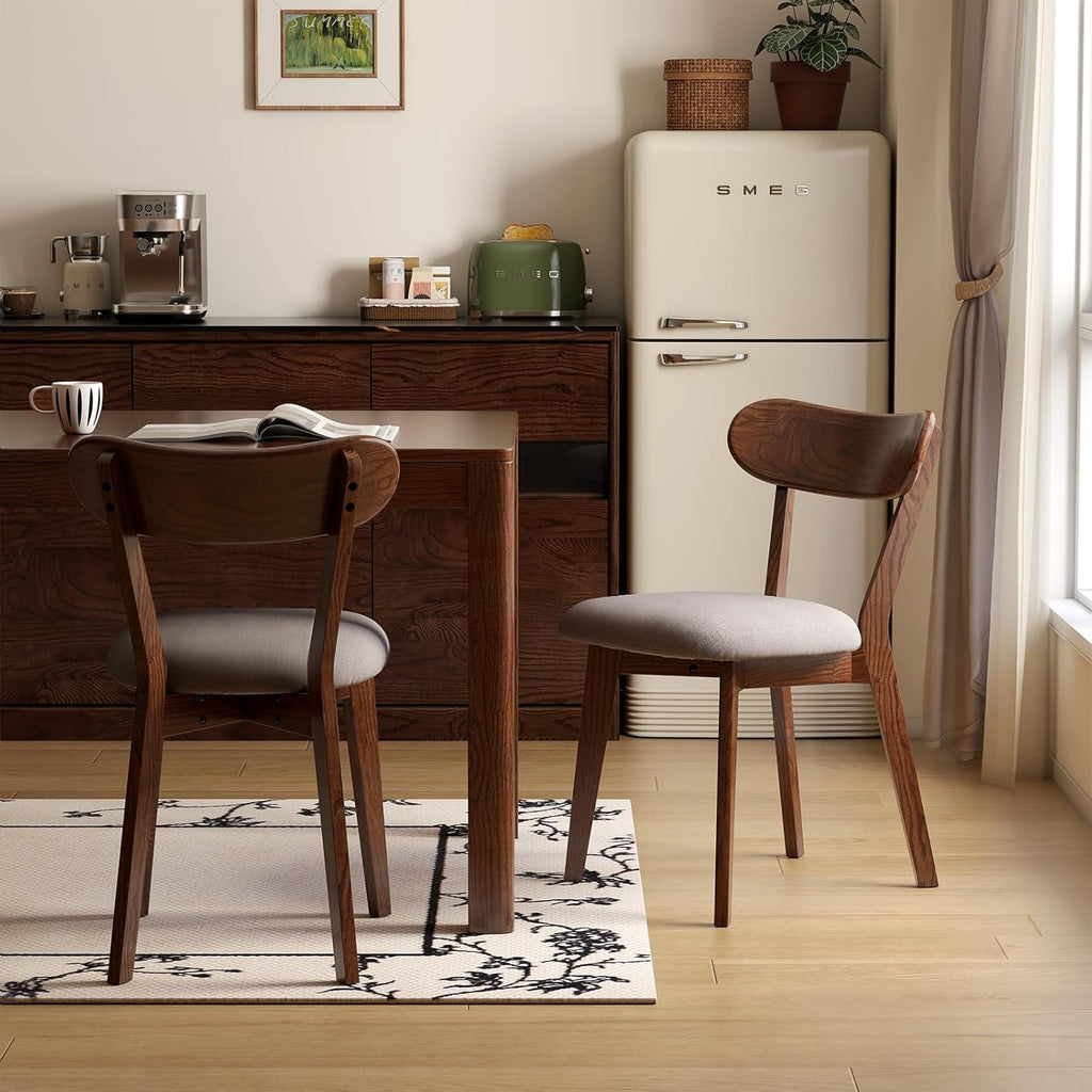 100% Solid Wood Upholstered Dining Chairs, Mid Century Modern Oak Dining Chairs with Curved Back Design with