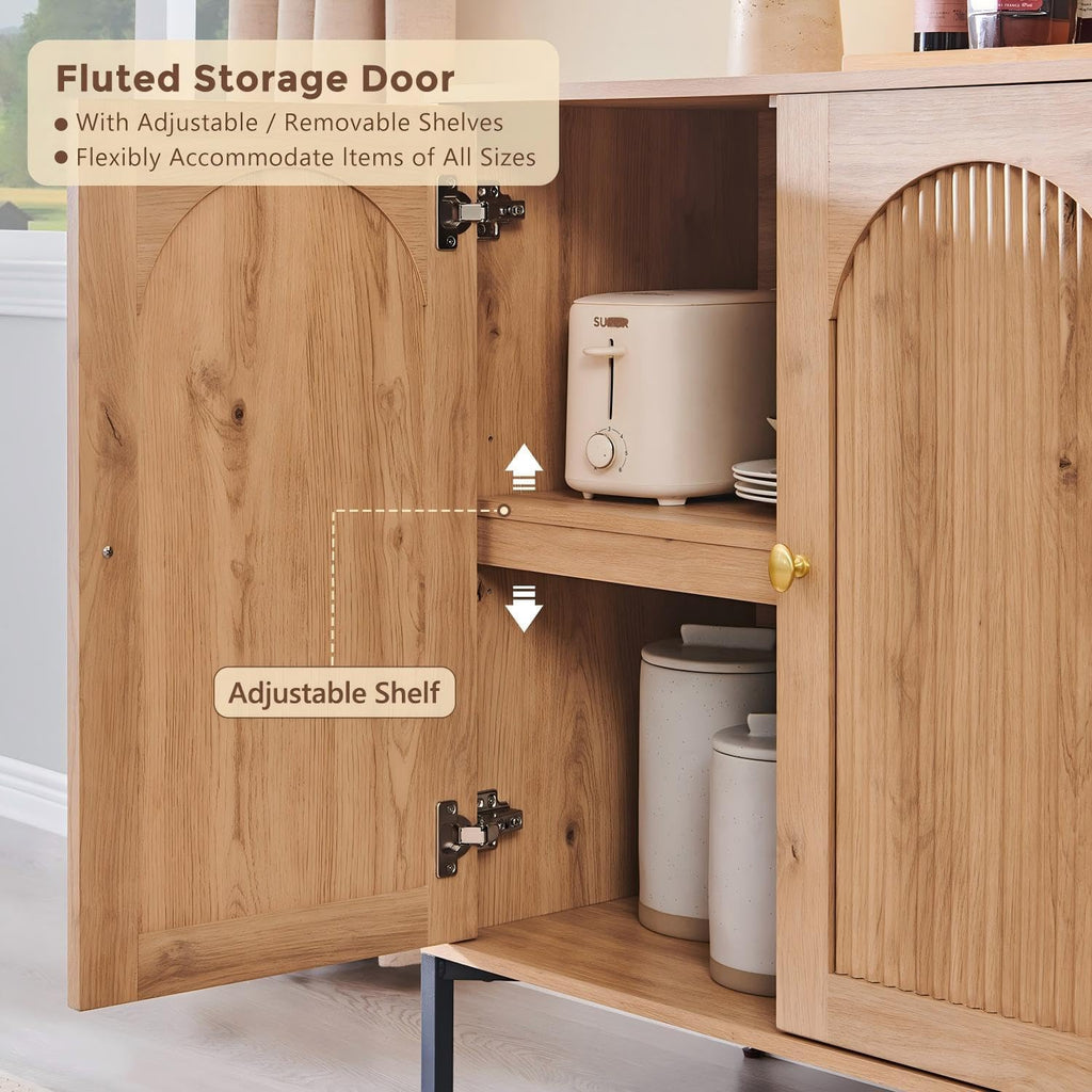 Modern Buffet Cabinet with Storage, 61.75" W Fluted Arched Sideboard Cabinet w/Adjustable Shelves
