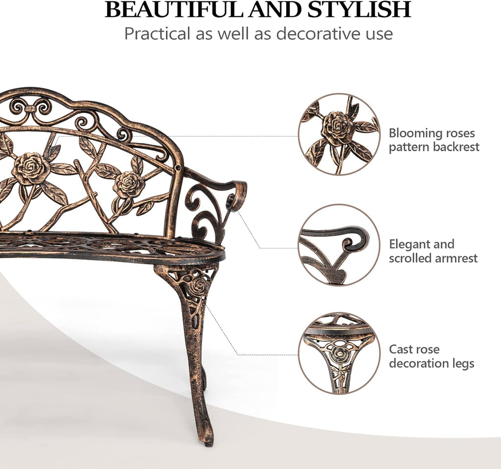 38.5" Patio Park Garden Outdoor Metal Rose Bench, 2-Person Cast Iron Cast Aluminium Frame Antique Finish