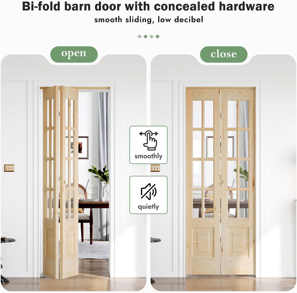 Bifold Doors for 32"×80" Opening, Clear Glass French Interior Folding Barn Door with Concealed Hardw