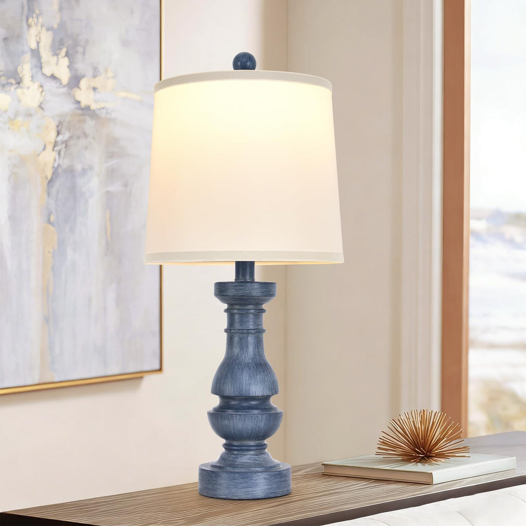 2 Pack Distressed Blue Resin Table Lamps, 22" Rustic Farmhouse Bedside Lamps with White Fabric Shades Living Room