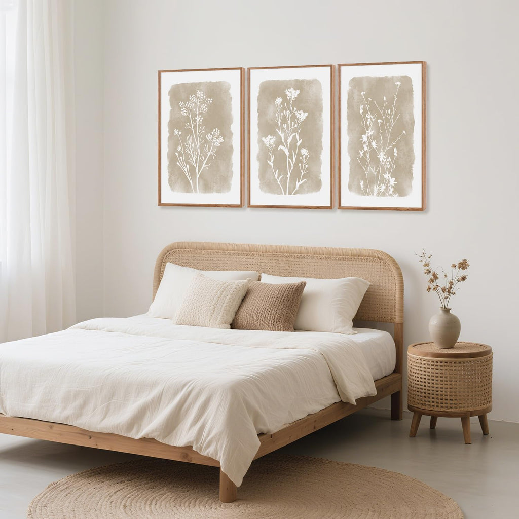 Neutral Botanical Wall Art Set of 3, arge Framed Boho Farmhouse Flower Wall Decor, Modern Minimalist Floral