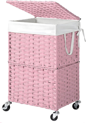 Wicker Laundry Basket with Wheels,Rolling Laundry Hamper with Lid | 90L Slim Clothes Hamper with Wheels & Removable
