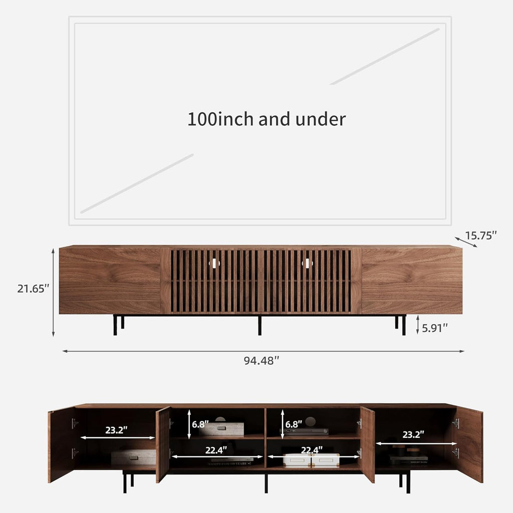 Mid Century Modern TV Stand with 4 Doors, 94.48 Inch Wide Entertainment Center TV Console for Living Room Bedroom