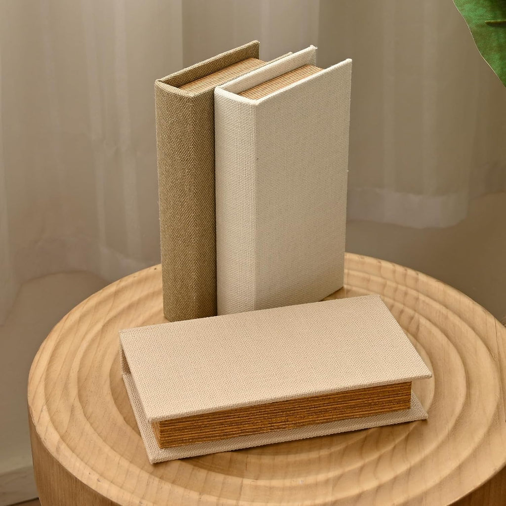 Modern Linen and Wood Decorative Faux Book Boxes Set of 3, 8",Taupe,Beige,Off White