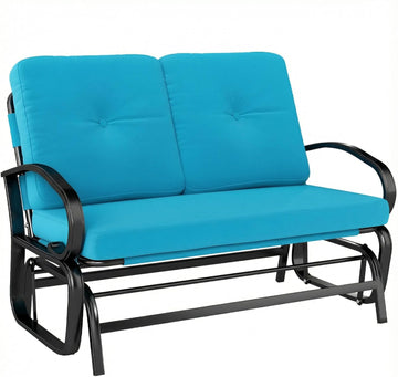 Outdoor Glider Bench 2-Person Patio Rocker Tufted Cushions Blue | Loveseat, Steel Frame, Porch, Garden Backyard