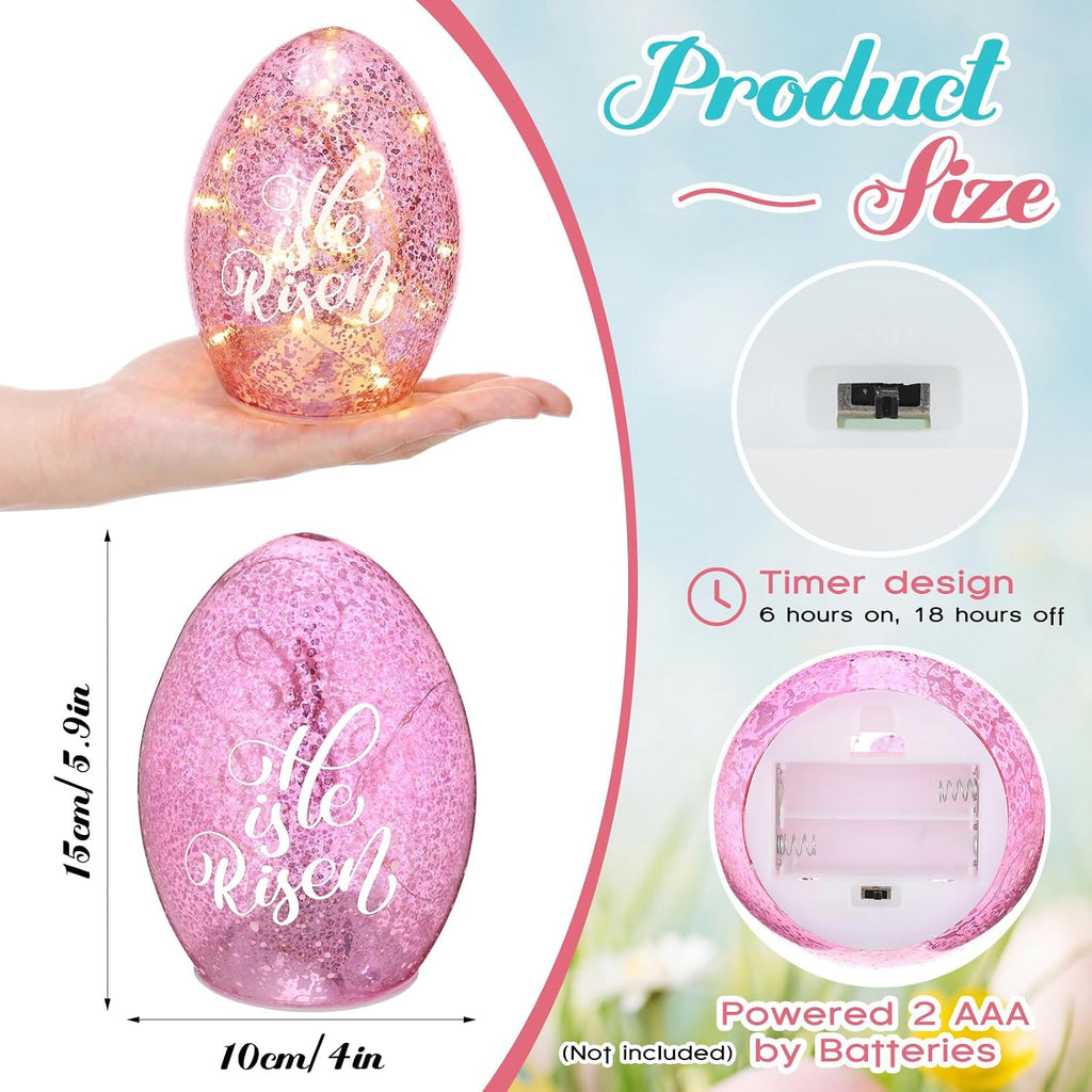 Easter Egg Light Decorations, He is Risen Table Centerpiece Lights with Timer Mercury Glass Egg Lamps, Spring - Set of 3
