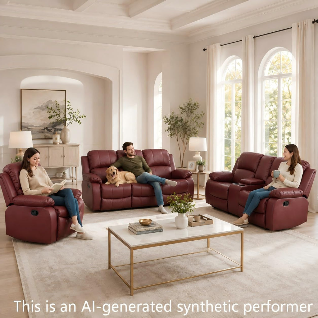Manual Reclining Couch Sofa Set with Drop-Down Table, 3 Pieces Brown Leather Recliner Couch Sets, Living Room