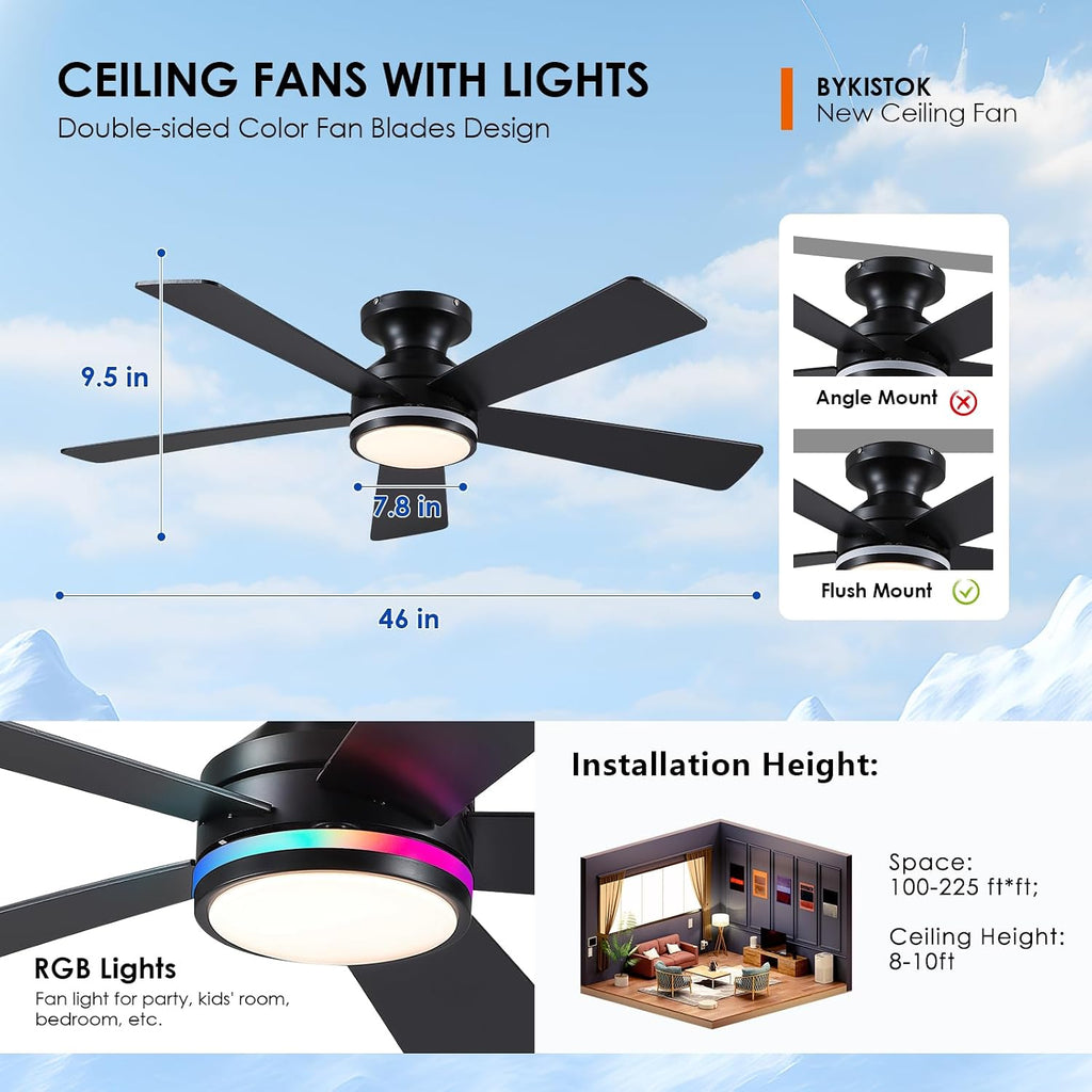 46In RGB Ceiling Fans with Lights - Black Flush Mount Ceiling Fan Light with Remote/APP, RGB+3CCT 6 Wind Speeds, Modern Low Profile Fan Light Fixture for Party, Kid's Room