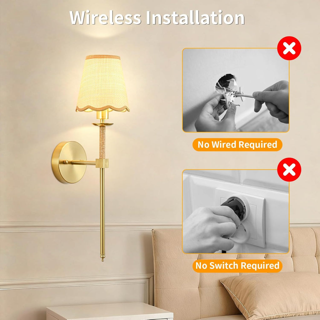 Boho Battery Operated Wall Sconce Set of 2, Gold Wireless Rechargeable Wall Lights with Rattan Shade, 12 RGB and 3CCT