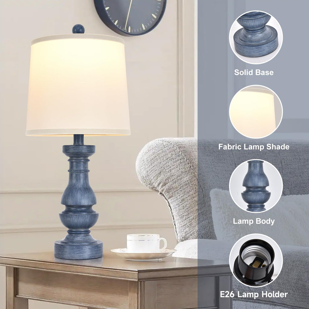 2 Pack Distressed Blue Resin Table Lamps, 22" Rustic Farmhouse Bedside Lamps with White Fabric Shades Living Room