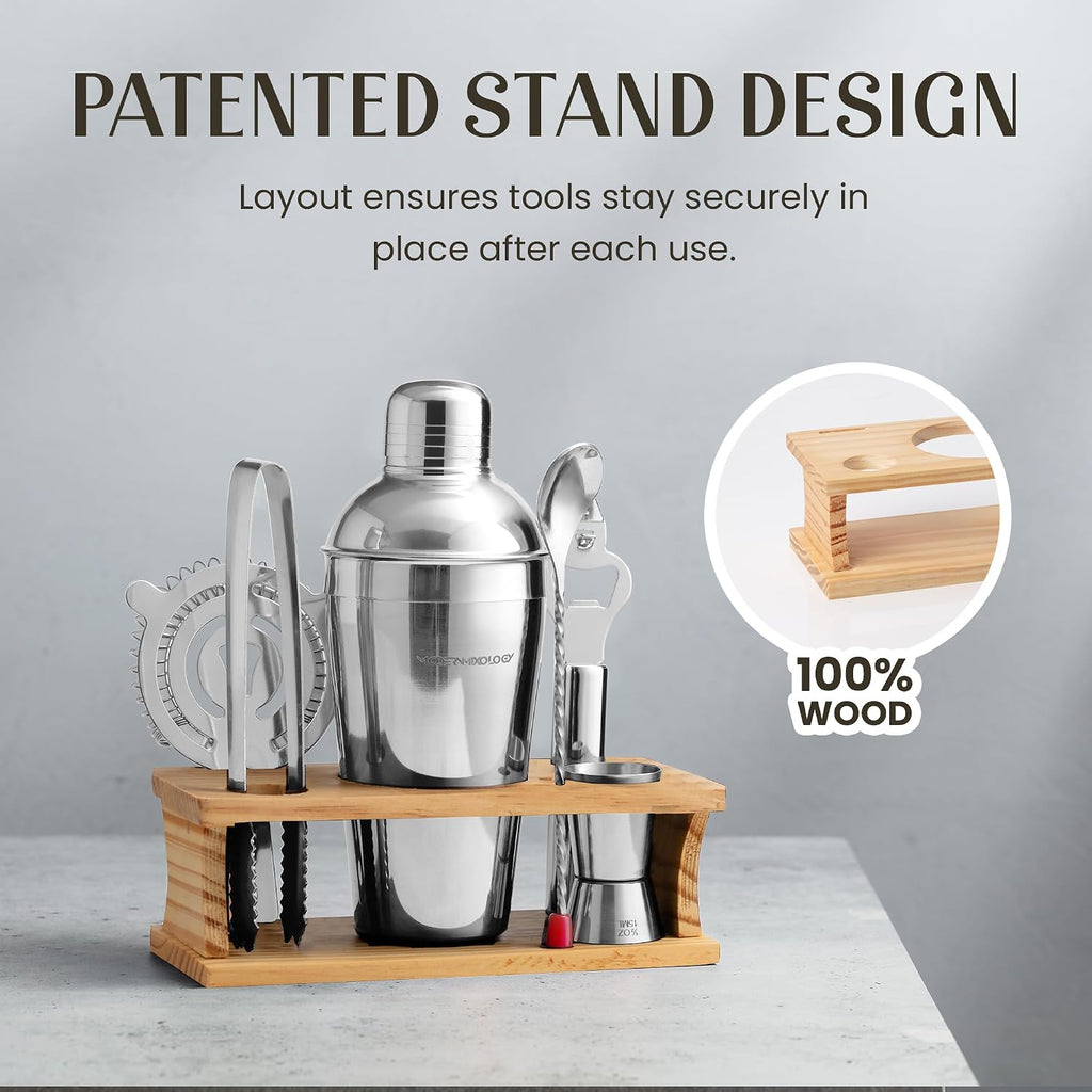 Cocktail Shaker Set - Bartender Kit with Pine Stand | Leak-Proof Design | Includes Martini Shaker, Jigger, Strainer