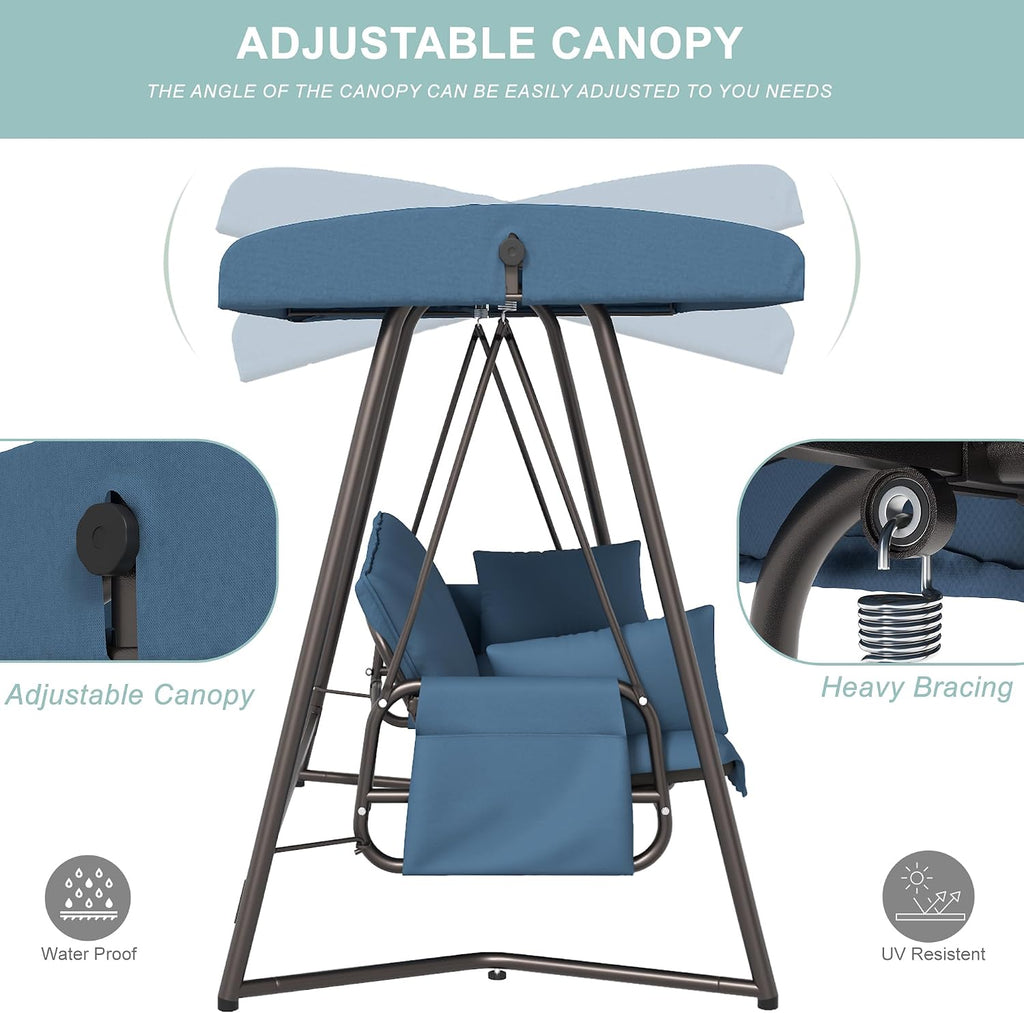 3-4 Seat Oversized Outdoor Porch Swing with Adjustable Backrest Canopy,2-in 1 Swing Bed with Stand 800 lbs