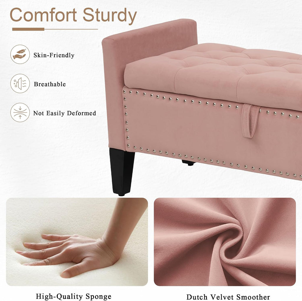 Velvet Ottoman with Storage, 46'' Upholstered Button Tufted End of Bed Bench with Arms, Modern Storage Bench , Pink