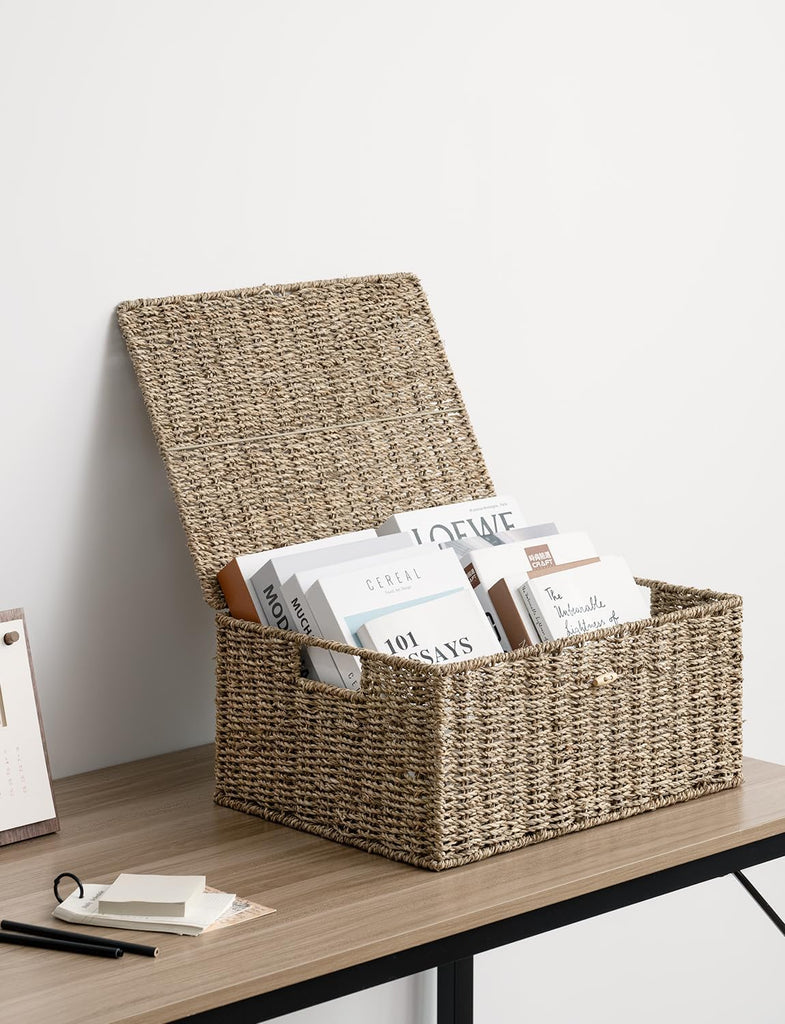 Seagrass Wicker Baskets for Organizing, Large Wicker Basket with Lid, Decorative Basket with Built-in Handles