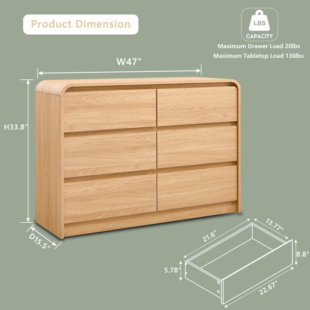 Modern 6 Drawers Dresser , 47" Wide Wood Dressers & Chests of Drawers w/Curved Profile Design, Mid Century Modern