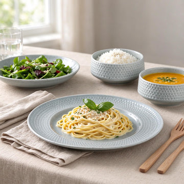 12 Piece Ceramic Dinnerware Set, Hammered Embossed Reactive Glaze Plates and Bowls Set, Service for 4, Microwave &