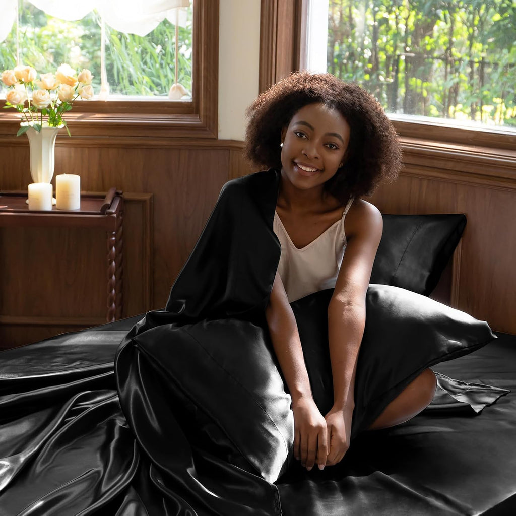 Satin Sheets Bed Set - Silky Soft Bedding Similar to Silk, 4 Piece Sheet Set for Hair and Skin, Deep Pocket