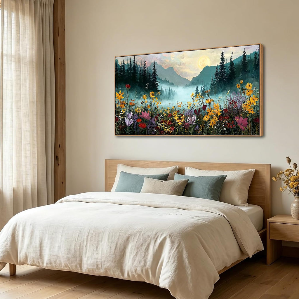 Framed Canvas Wall Art - Mountain Landscape with Wildflowers Wall Decor Moon Over Misty Forest Nature Painting Print