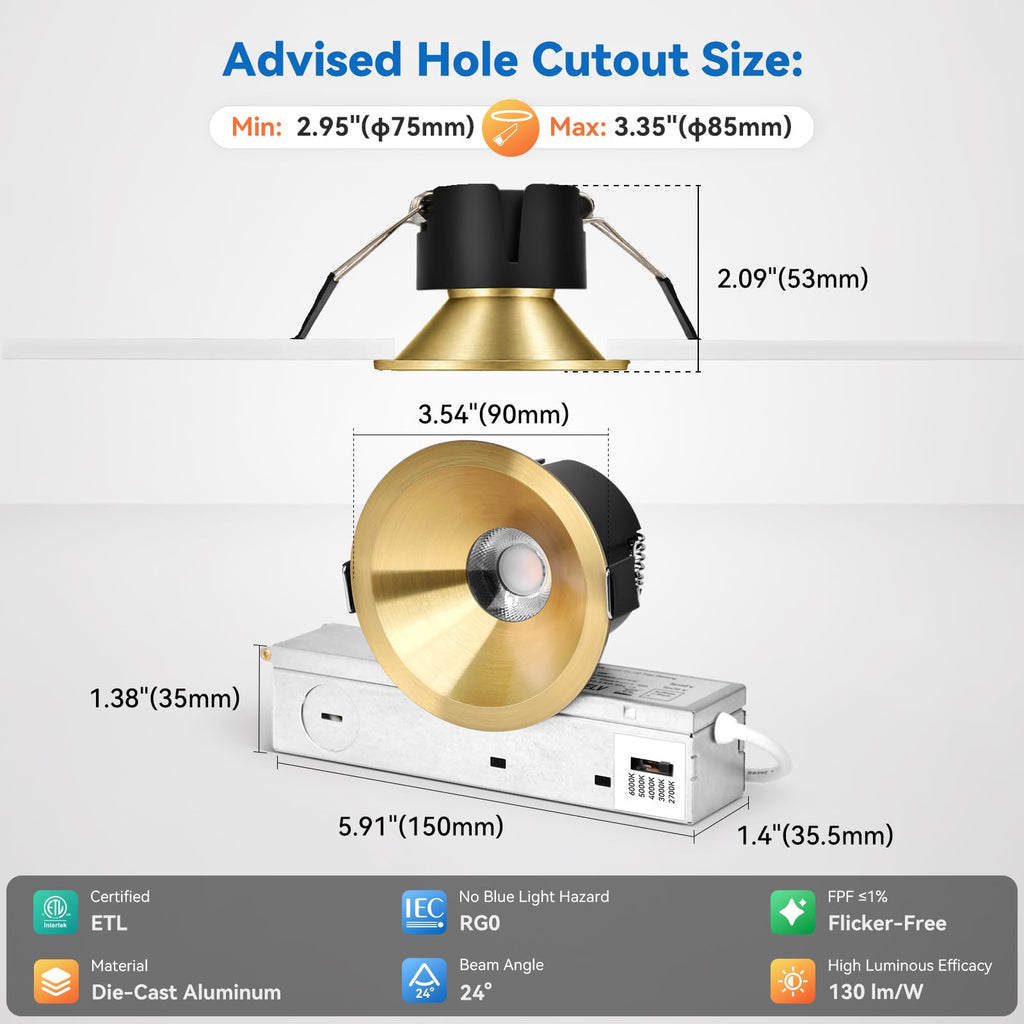 Gold 3 Inch LED Recessed Light Anti Glare COB Spotlight, 6-Pack