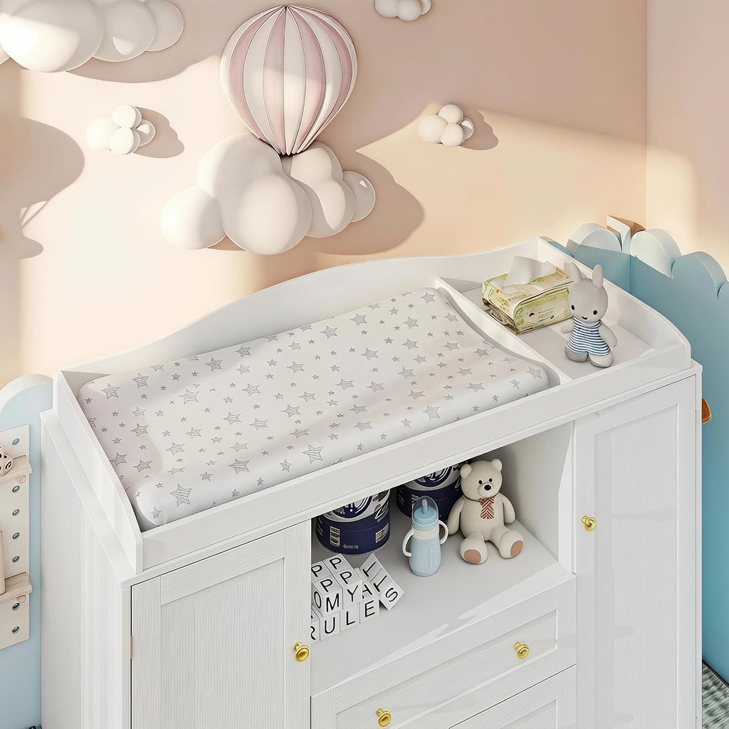 White Changing Table Baby Dresser with Changing Table Top,47'' Wide Kids Nursery Dresser with