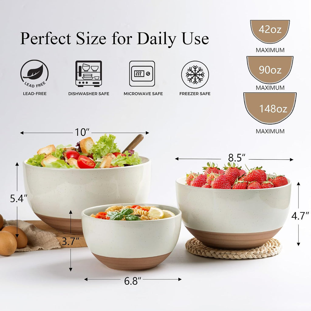 Ceramic Mixing Bowls|Nesting Bowls Set of 3 |Stoneware Serving Bowls with Rustic Terracotta Underside for