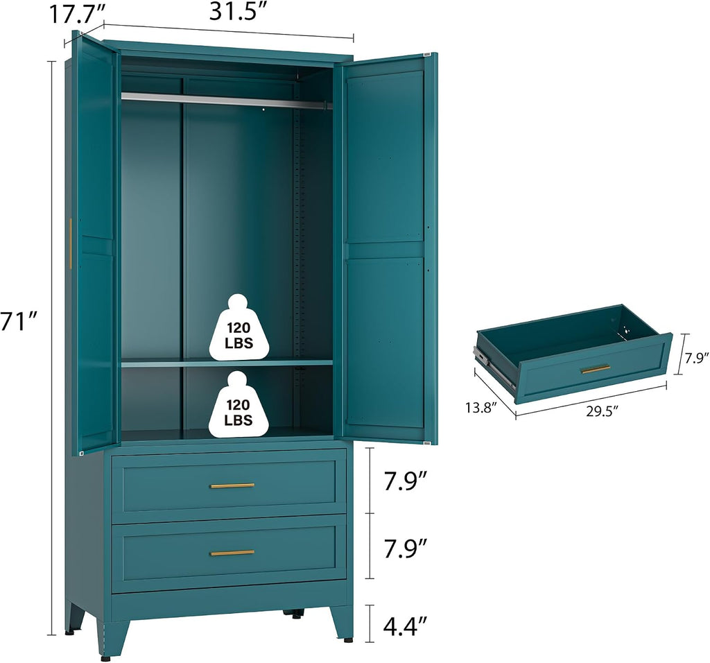 Metal Armoire Wardrobe Closet, Bedroom Armoires with Drawers | 71'' Metal Wardrobe Cabinet with 2 Doors and 2