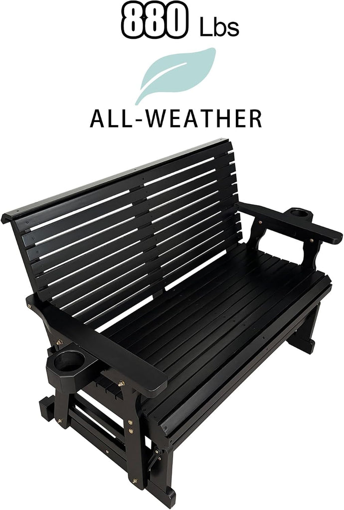 Patio Glider with Cup Holders, High Roll Back and Deep Contoured Seat, Heavy Duty 800 Lb (Matte Black, 2-Seater)
