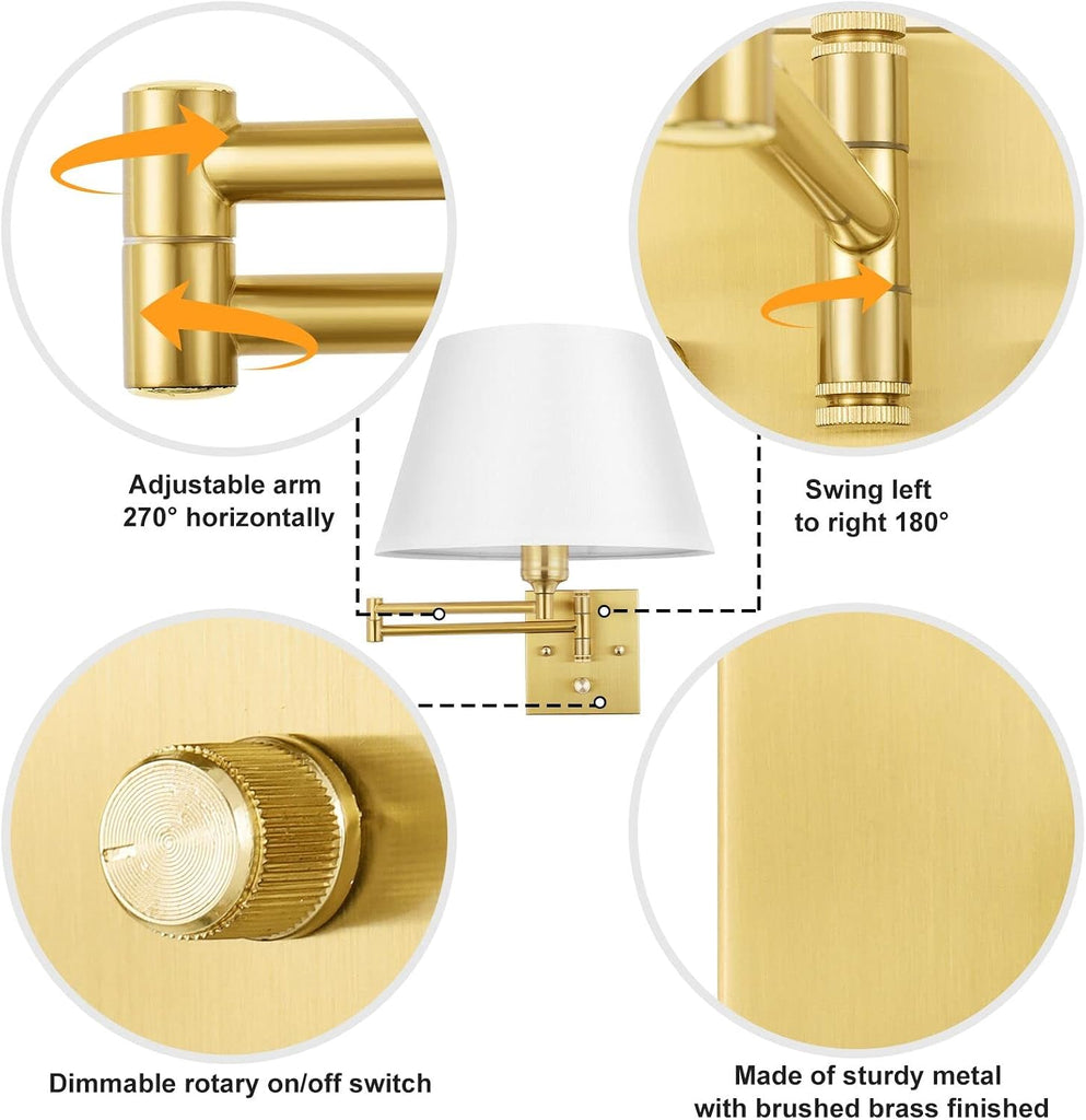 Dimmable Wall Sconce Plug in, Brushed Brass Wall Sconces Set of 2 Swing Arm Wall Lights with Plug in Cord and Dimmer