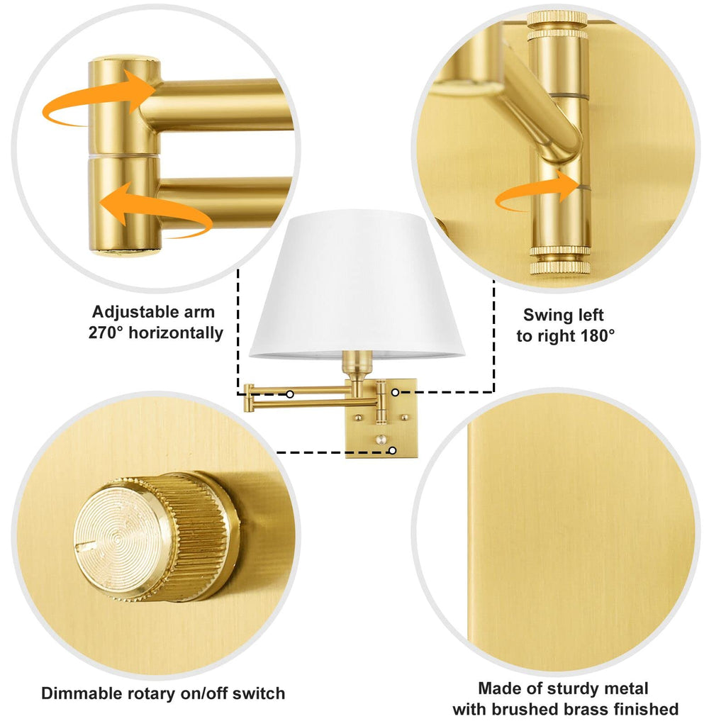 Remote Control Dimmable Wall Sconce, Adjustable Color Temperature 2700K-6500K Brushed Brass Swing Arm Wall Lights