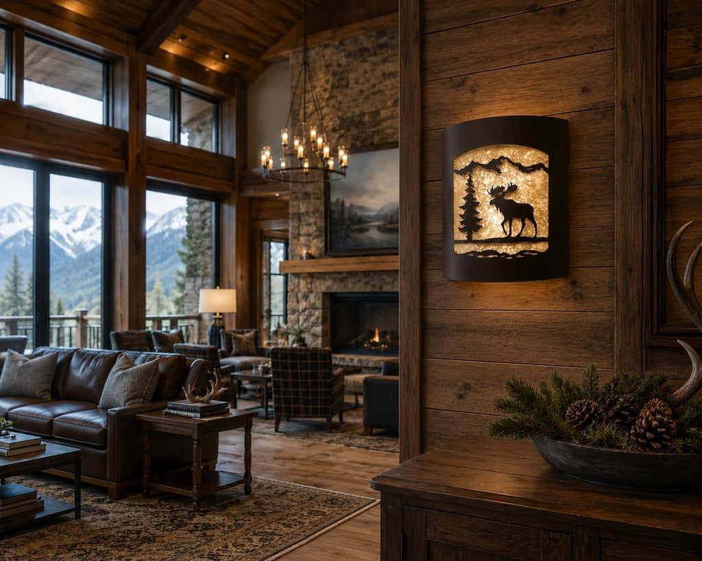 Rustic Moose and Pine Tree Wall Sconce | Lodge Cabin Decor, Woodland Nature Design, Light Fixture