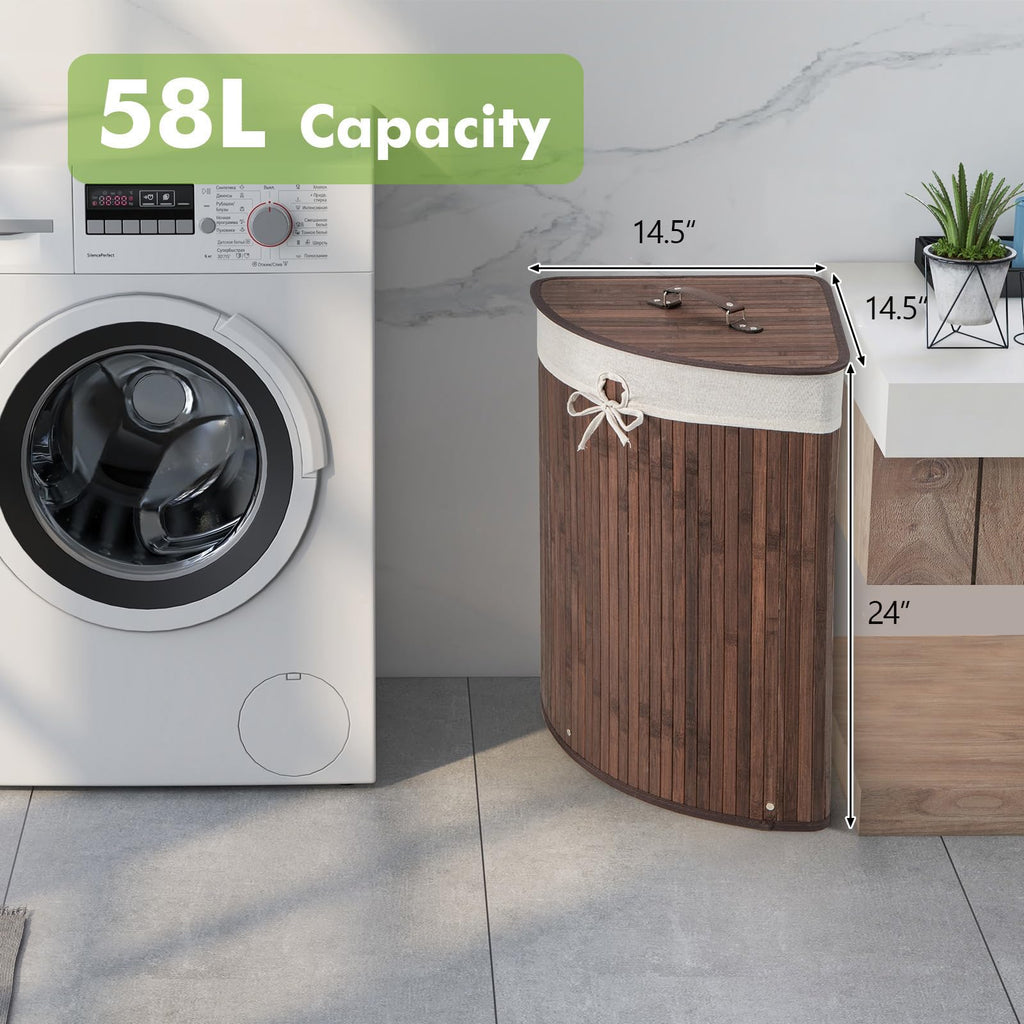 58 L Corner Laundry Hamper with Lid, Removable Liner & Handle Brown