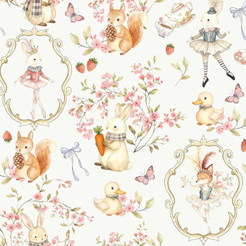 French Vintage Watercolor Peel and Stick Wallpaper, Whimsical Floral Self Adhesive Contact Paper with Ballet Bunny