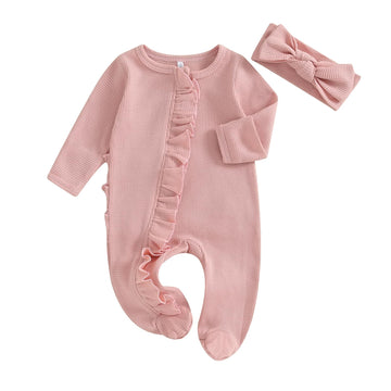 Infant Baby Girls Clothing Ruffle Knit Romper Zipper Jumpsuit Long Sleeve Outfit Newborn Coming Home Clothes for Baby