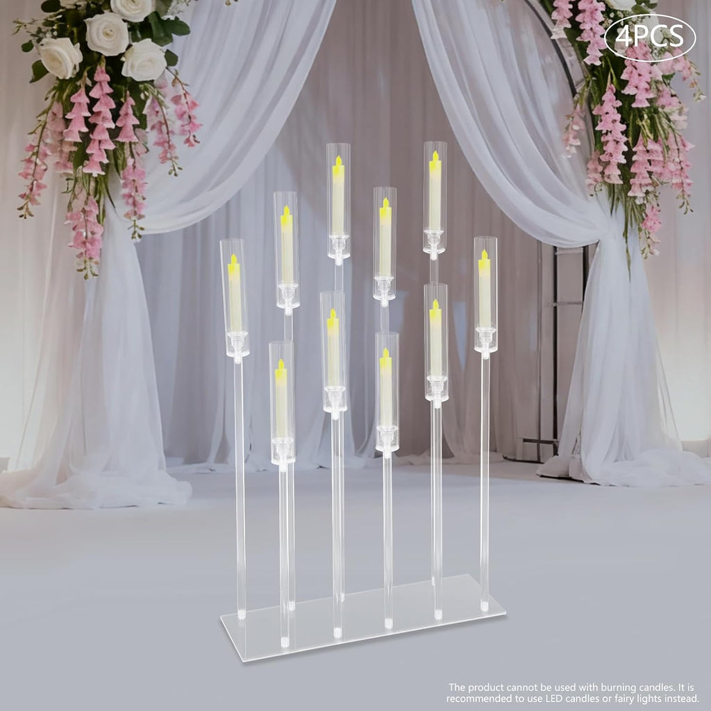 4-Piece Acrylic Candelabra Set, 10 Arms Clear Candlestick Holder with Rectangular Base LED Candles