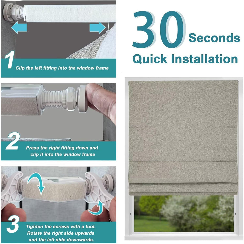 No Drill Roman Shades Cordless Blinds Blackout for Indoor Windows, Room Darkening Black Out Tension Rod No Hardware