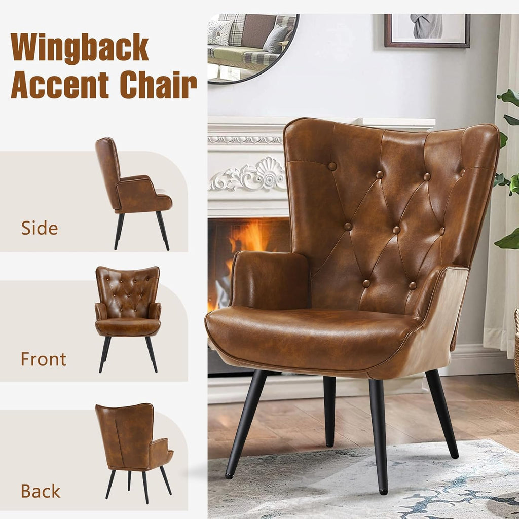 PU Leather Accent Chair , Upholstered Reading Chair with High Backrest, Tufted-Button Wingback Armchair , Dressing