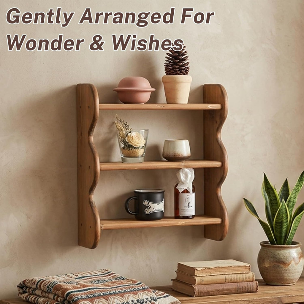 Vintage Wooden Wall Shelf, 100% Solid Wood 3 Tier Wall Shelves, Rustic Wall Mounted Home Decor Trinket Shelf Display