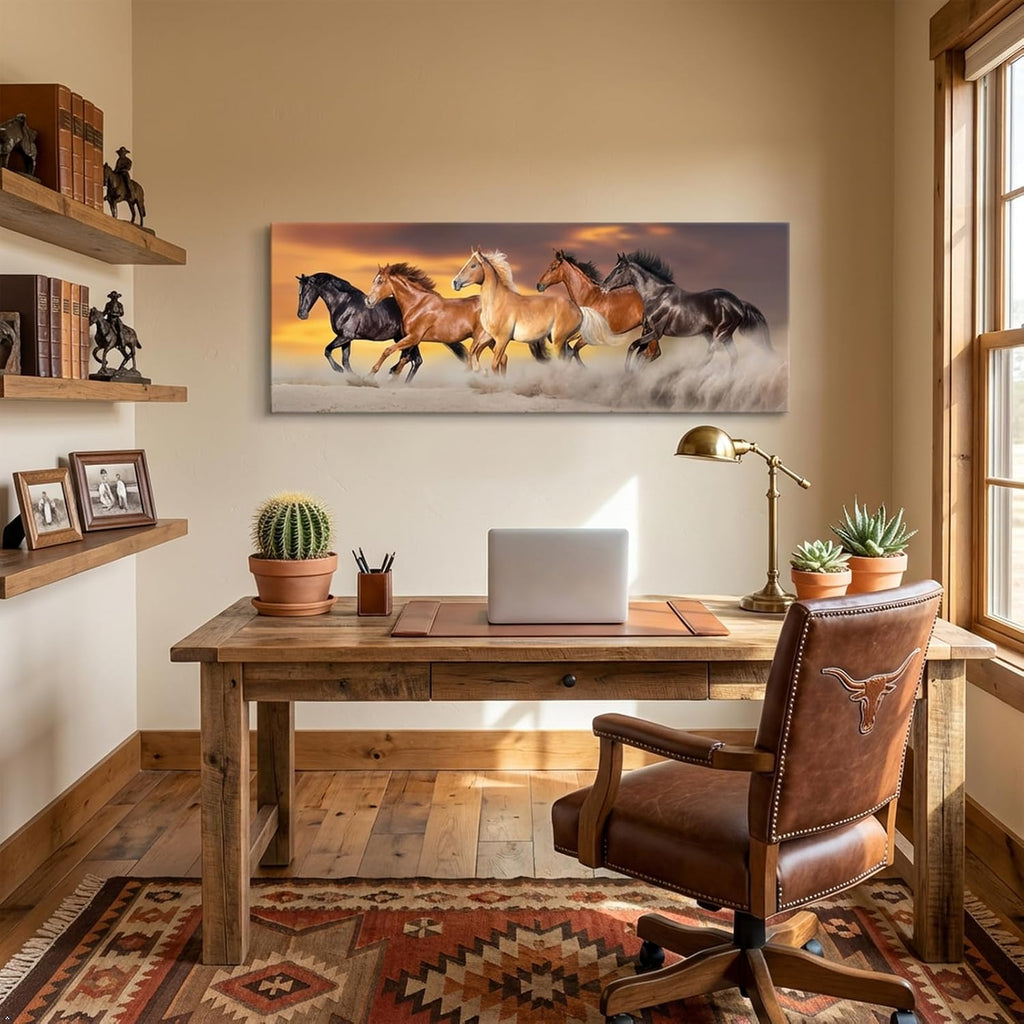 Large Size Canvas Prints Running Horse Herd Rungallop Desert Dust Against Dramatic Sky Panorama Wall Art Gallery