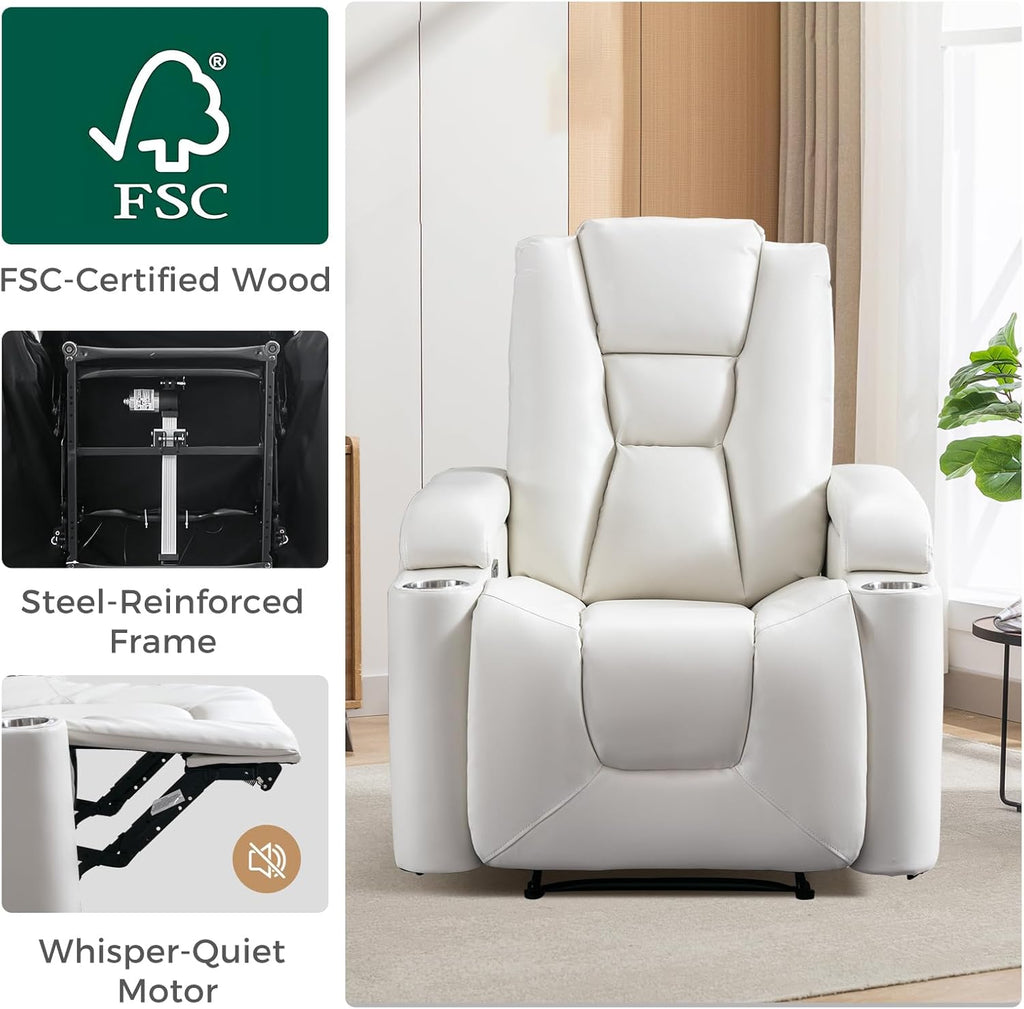 ANJ White Power Recliner Chair Electric Home Theater Seating Soft Leather Movie Chair for Living Room Overstuffed