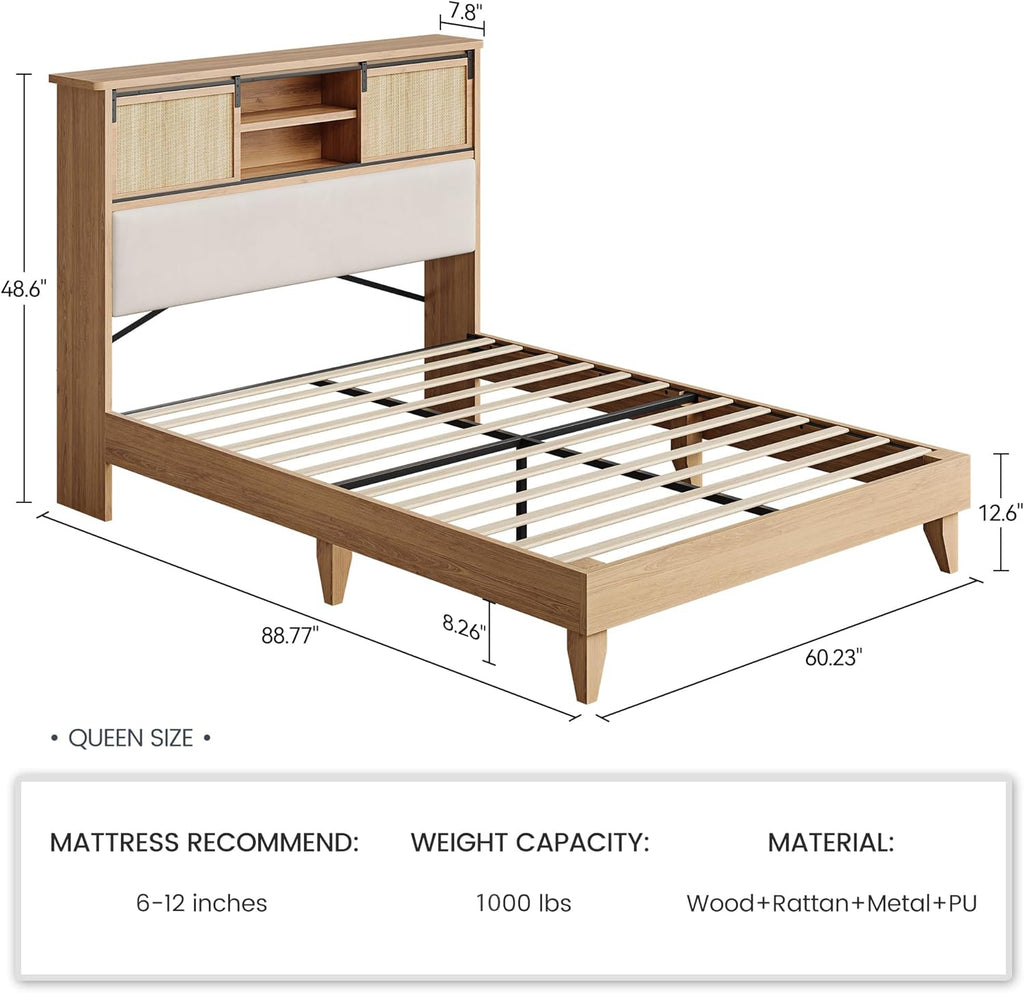 Queen Solid Wood Bed Frame with Storage Headboard, Rattan Upholstered Bookcase Headboard with Sliding Doors &