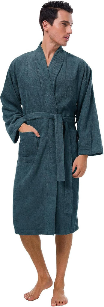 Men's Terry Cotton Robe, Absorbent Kimono Towel Bathrobe for Spa and Hotel, Soft Shower Calf Length Cloth with Pockets