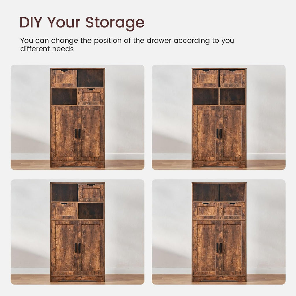 Storage Cabinet with 2 Drawers & Adjustable Shelves, Cupboard, Floor Cabinet , Rustic Brown