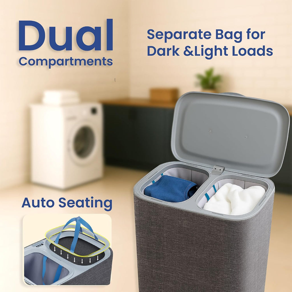 Dual Section 90L Laundry Basket with Wheels and Lid - Tall divided Double Laundry Hamper with 2 Removable Washable