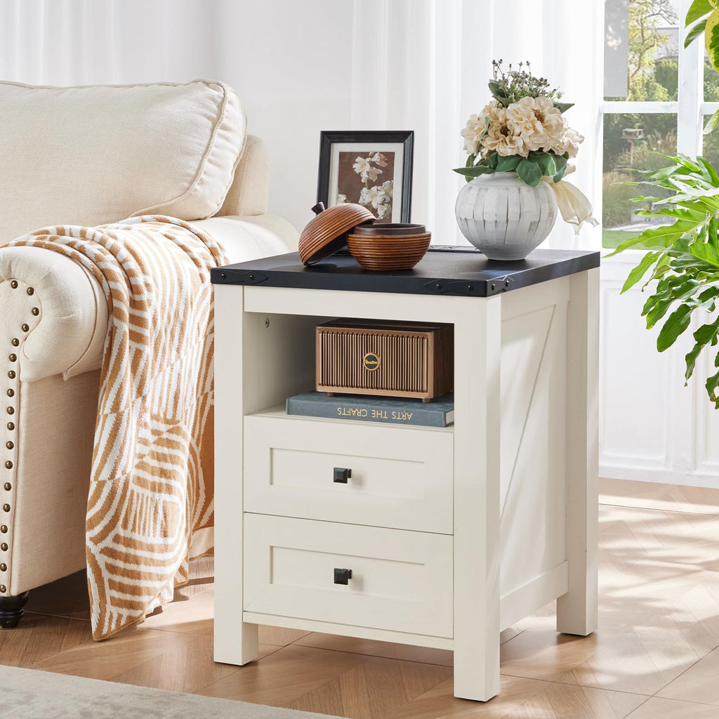 Nightstand with Charging Station and 2 Drawers, Farmhouse