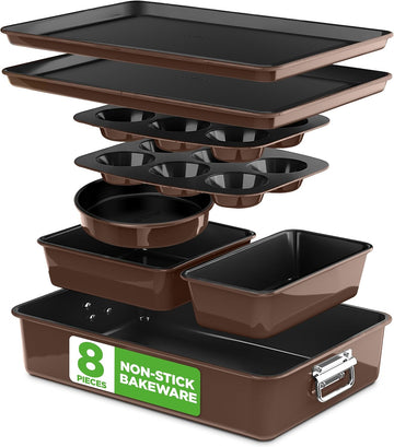 8-Piece Nonstick Stackable Bakeware Set - PFOA, PFOS, PTFE Free Tray Set w/Non-Stick Coating, 450°F Oven Safe, Round