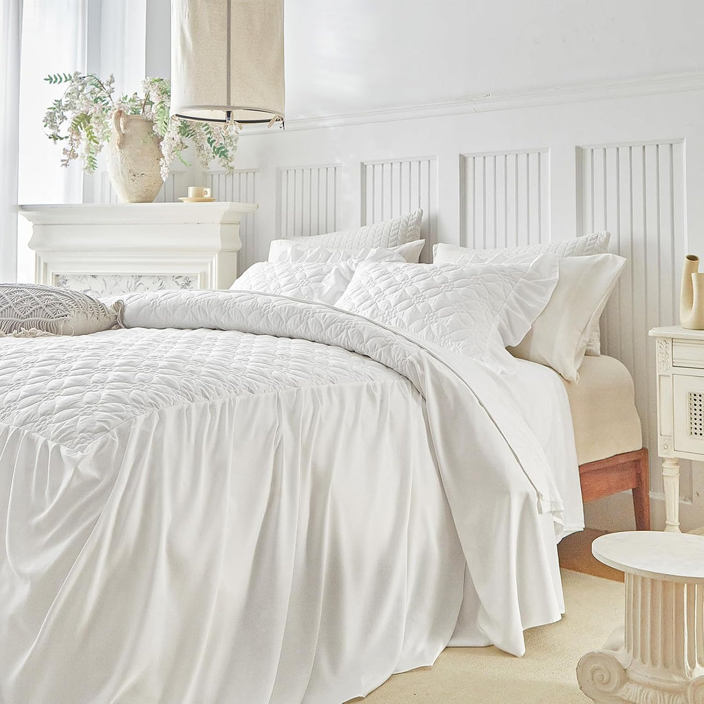 Ruffle Skirt Bedspread Set Flower Style - 30" Long Drop - Vintage Chic Ruffled Summer Bed Spreads Quilt Coverlet Boho