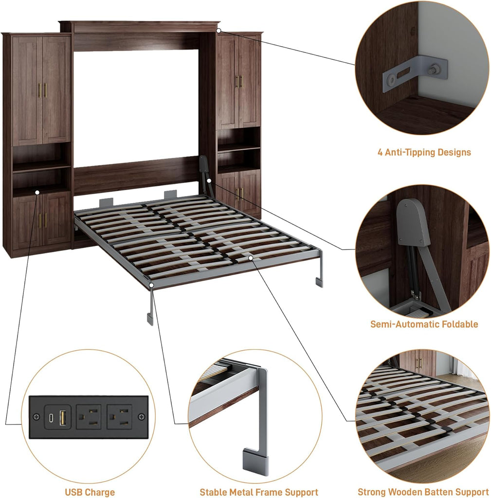 Murphy Bed Queen with 2 Side Cabinet Storage Shelves, Queen Wall Bed Cabinet with USB Port, Wood Foldable Platform