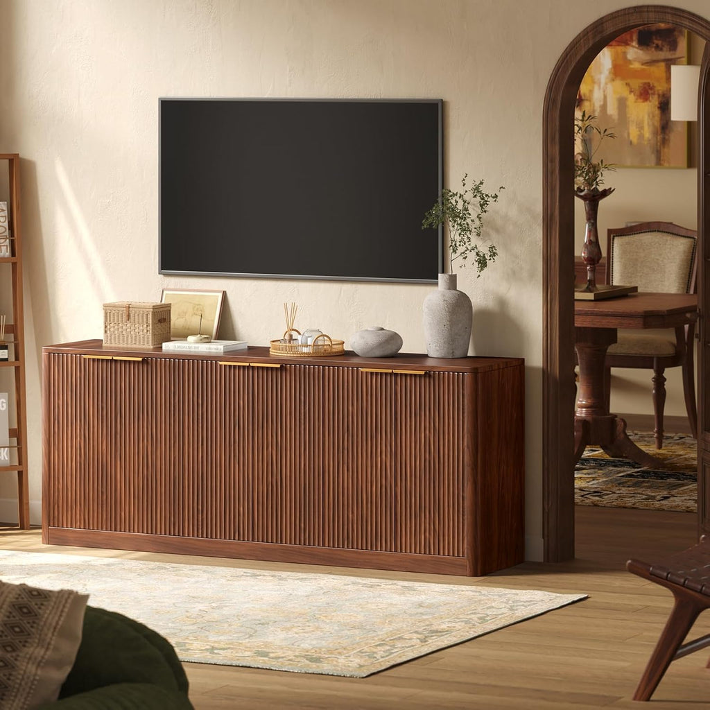 67" Fluted Walnut Buffet Cabinet Sideboard with Storage, Large Credenza with 6 Doors